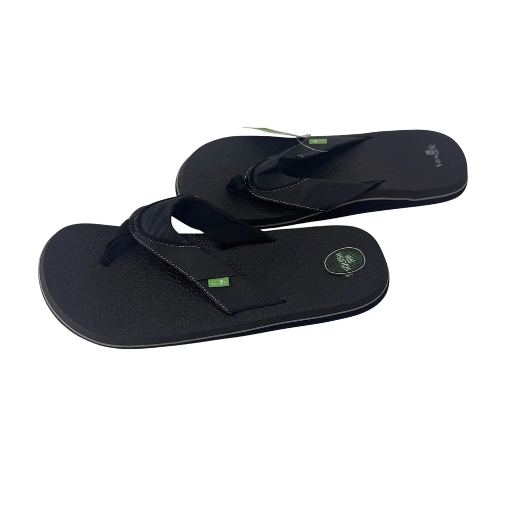 Sanuk Beer Cozy Mens Black Flip Flop Sandals Yoga Mat Footbed BLK Sz 12 NWT